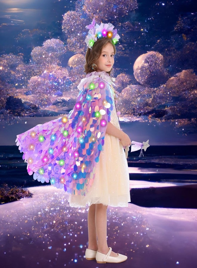 LIMIROLER Princess Dress Up Toys Princess Dress Up Clothes Rainbow Mermaid Cape Kit 9 Pcs Gift Set for Little Girls 3-8 Years (8 - Light up Rainbow Purple) - Image 3